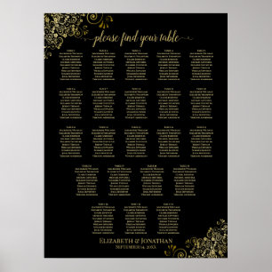 22 Table Wedding Seating Chart Black & Gold Frills