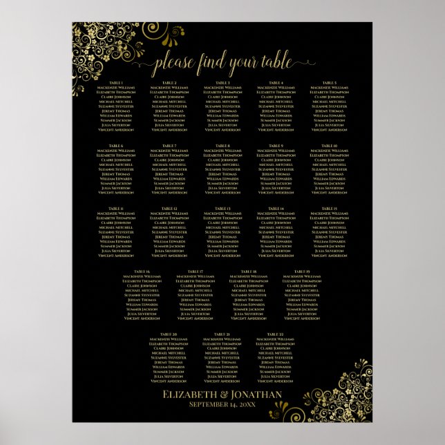 22 Table Wedding Seating Chart Black & Gold Frills (Front)