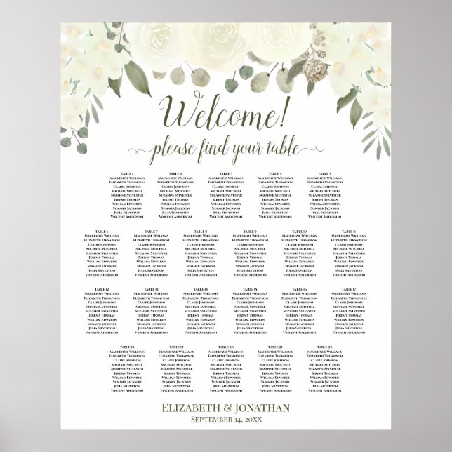 22 Table White & Ivory Roses Wedding Seating Chart (Front)