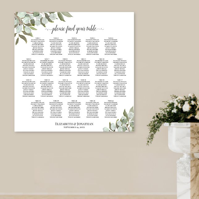 22 Tableau Tableau Rustique Mariage Eucalyptus (In Situ on Wall with Pedestal Vase)
