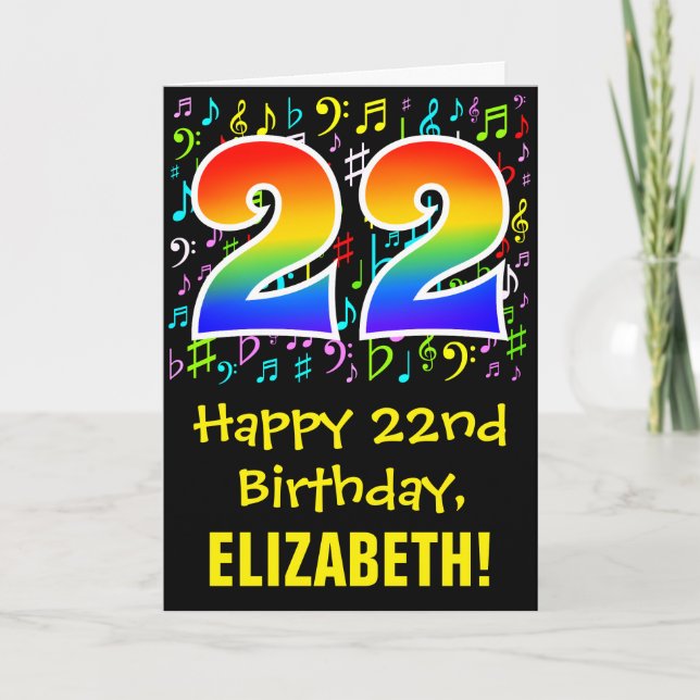 22nd Birthday: Colorful Music Symbols + Rainbow 22 Card (Front)