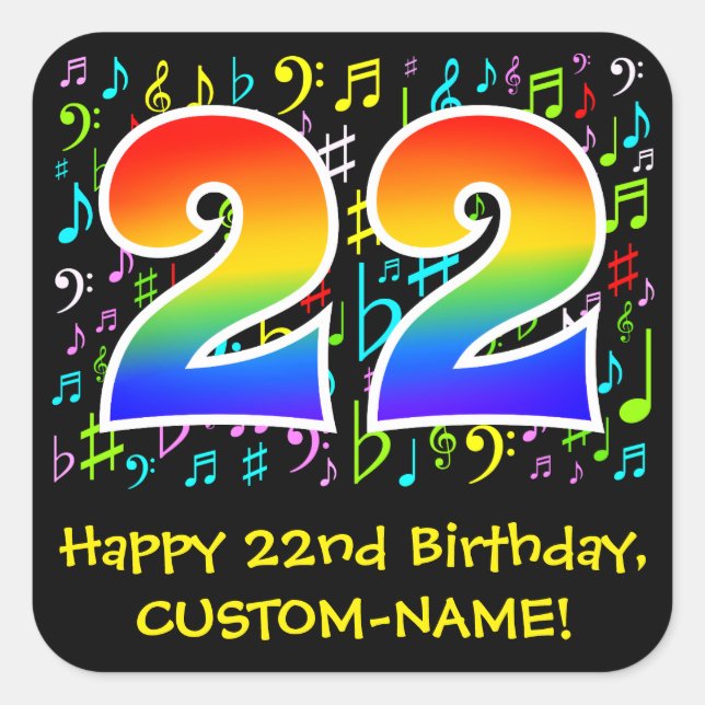 22nd Birthday: Colourful Music Symbols, Rainbow 22 Square Sticker (Front)