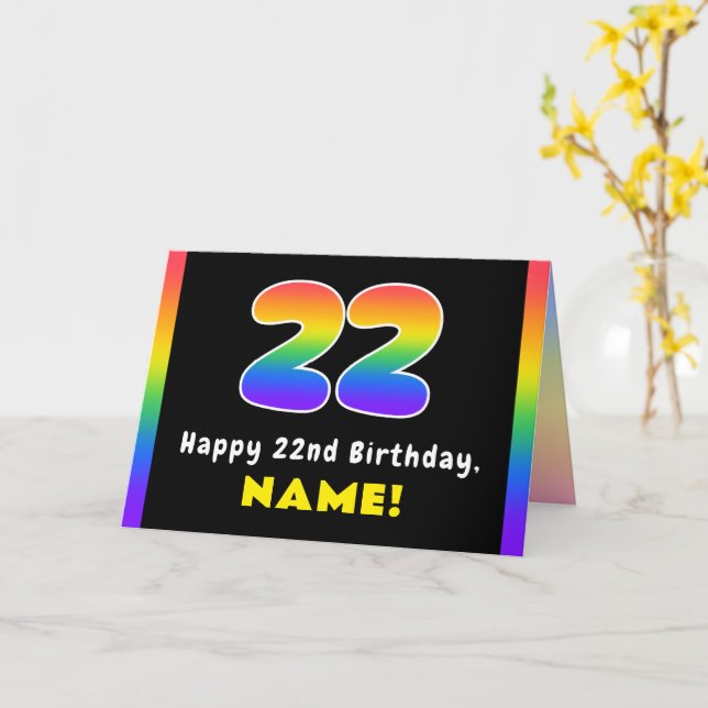 22nd Birthday: Colourful Rainbow # 22, Custom Name Card (Yellow Flower)
