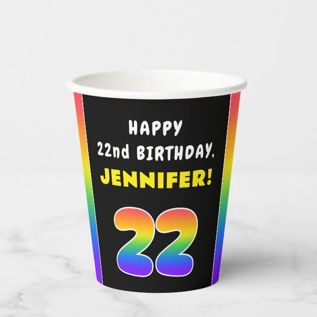 22nd Birthday: Colourful Rainbow # 22, Custom Name Paper Cups (Front)