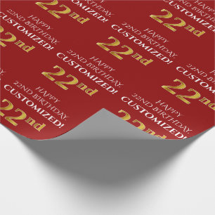 22nd Birthday: Elegant, Red, Faux Gold Look Wrapping Paper