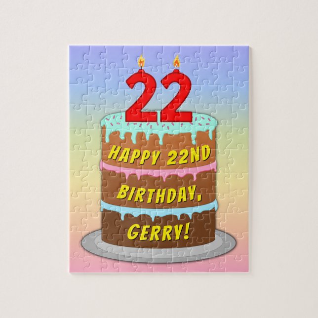 22nd Birthday: Fun Cake and Candles + Custom Name Jigsaw Puzzle (Vertical)