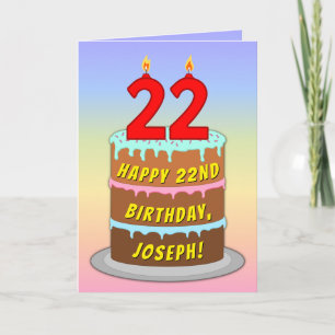 22nd Birthday — Fun Cake & Candles, w/ Custom Name Card