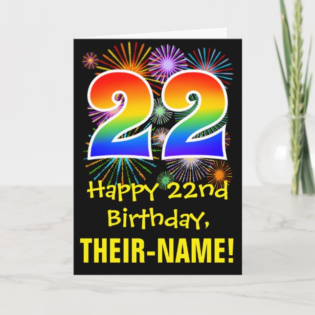 22nd Birthday: Fun Fireworks Pattern + Rainbow 22 Card (Front)