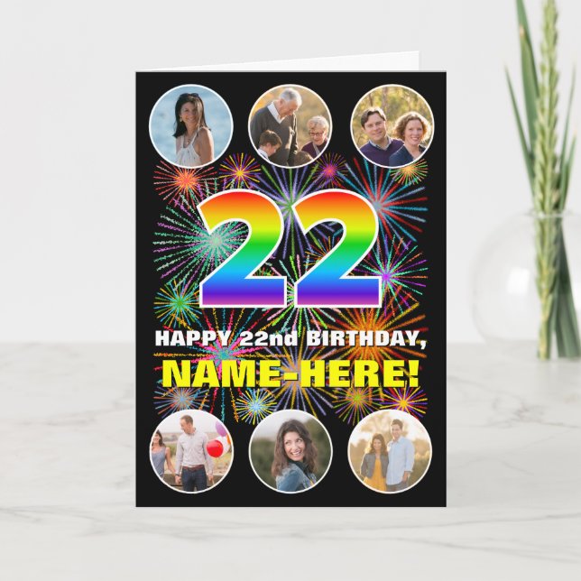 22nd Birthday: Fun Rainbow #, Custom Name & Photos Card (Front)