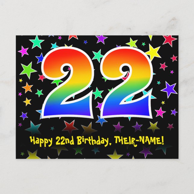 22nd Birthday: Fun Stars Pattern, Rainbow 22, Name Postcard (Front)
