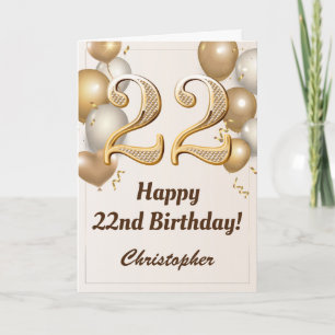 22nd Birthday Gold Balloons and Confetti Birthday Card