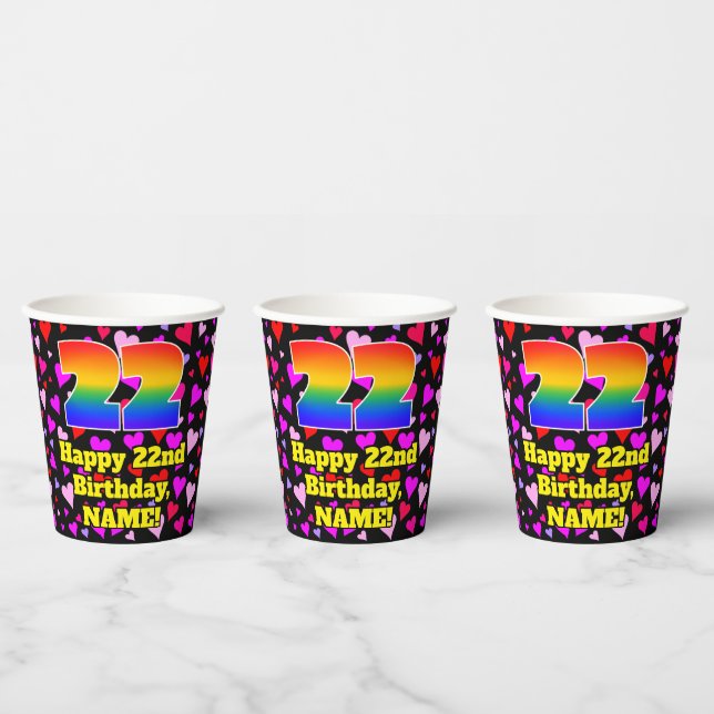 22nd Birthday: Loving Hearts Pattern, Rainbow 22 Paper Cups (Multi)