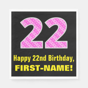 22nd Birthday: Pink Stripes and Hearts "22" + Name Napkin
