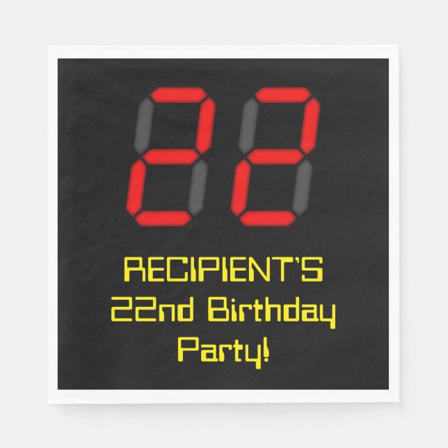 22nd Birthday: Red Digital Clock Style "22" + Name Napkin (Front)