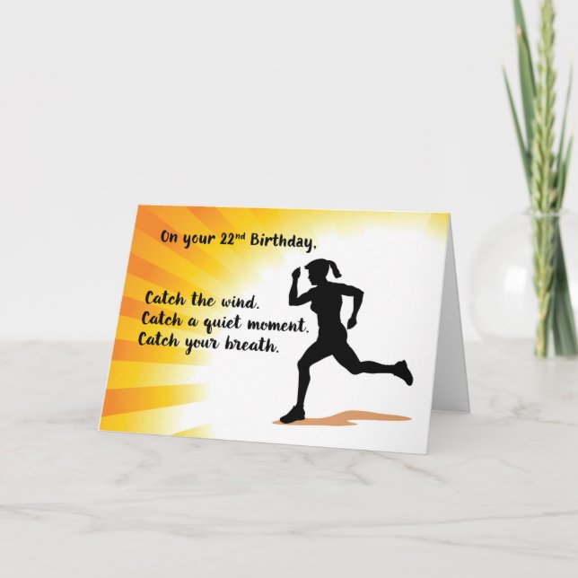 22nd Birthday Woman Running Sunburst Background Card (Front)