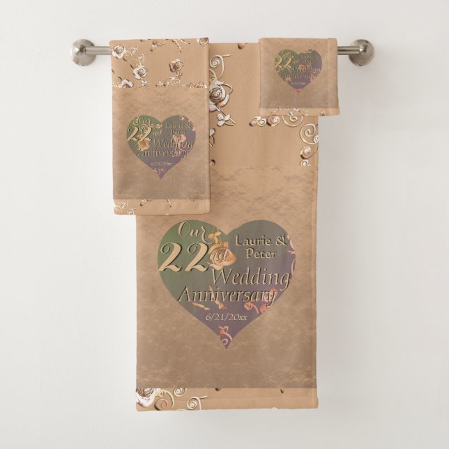 22nd Wedding Anniversary Coppery Heart Rose   Bath Bath Towel Set (Insitu)
