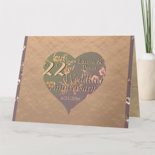 22nd Wedding Anniversary Coppery Heart Rose   Card (Front)