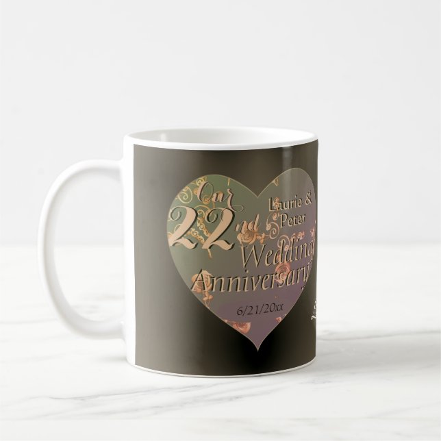 22nd Wedding Anniversary Heart Roses Mug (Left)