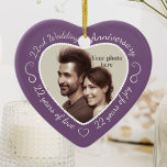 22nd Wedding Anniversary Photo Ceramic Ornament<br><div class="desc">Celebrate a 22nd happy year of marriage with a custom photo ornament in a delightful heart shape frame. Simply upload your own photo of the married couple and it will appear in the cutout. The soft purple surround features a white script font and decorations. The words are: 22nd Wedding Anniversary...</div>