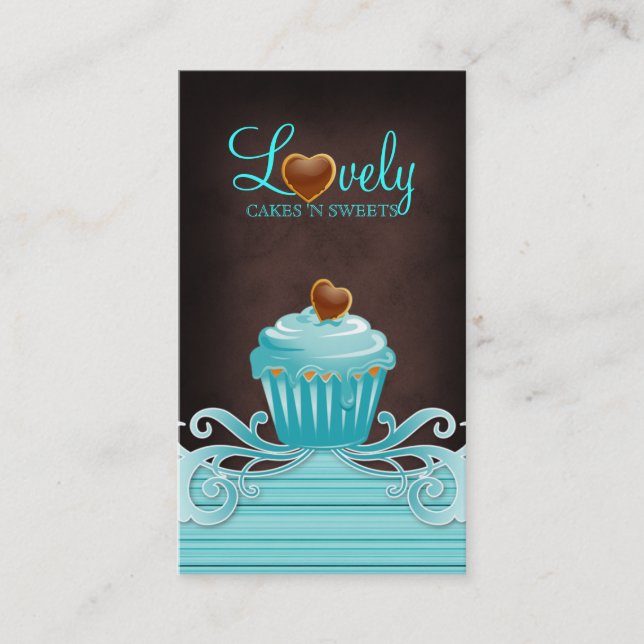 232 Bakery cupcake blue swirls chocolate brown blu Business Card (Front)