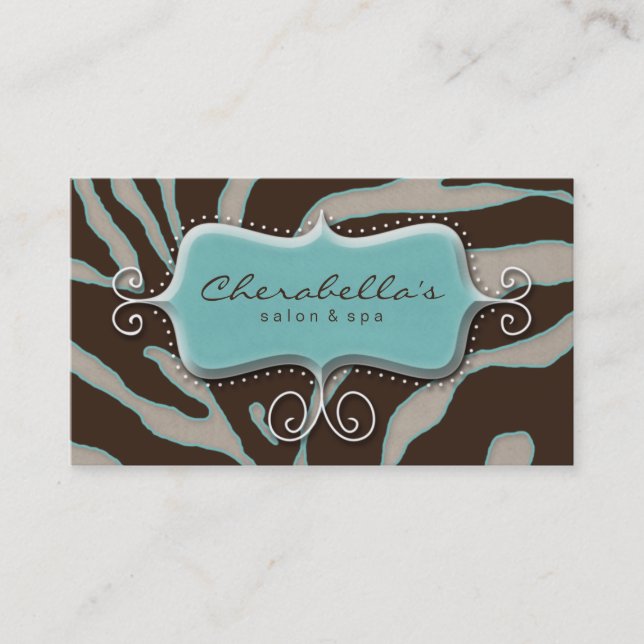 232 Retro Salon Spa Business Card Zebra Blue Brown (Front)