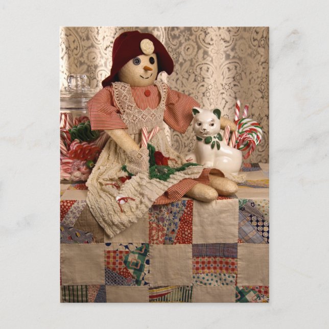 2390 Snowman Doll on Quilt Christmas Holiday Postcard (Front)