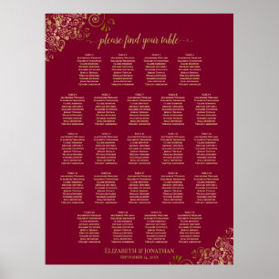 23 Table Elegant Burgundy & Gold Seating Chart 