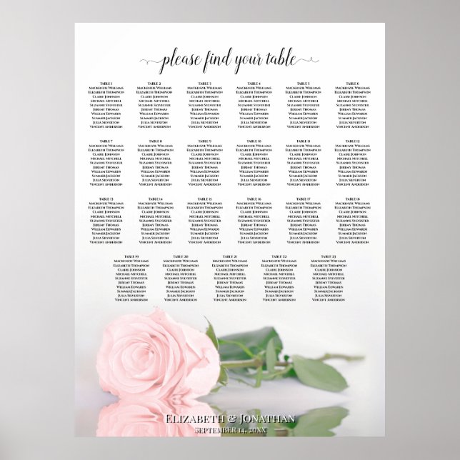 23 Table Elegant Pink Rose Wedding Seating Chart (Front)
