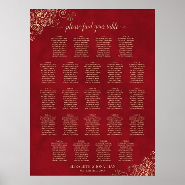 23 Table Gold Frills on Red Wedding Seating Chart (Front)