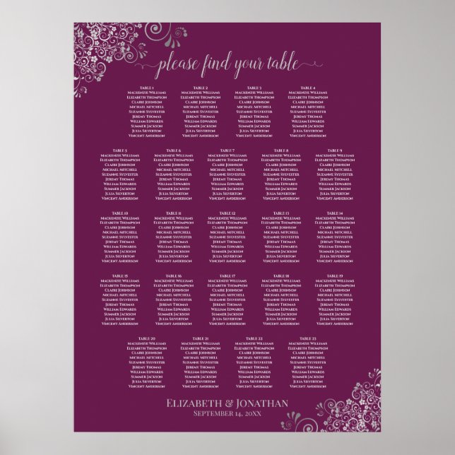 23 Table Lacy Silver Cassis Wedding Seating Chart (Front)