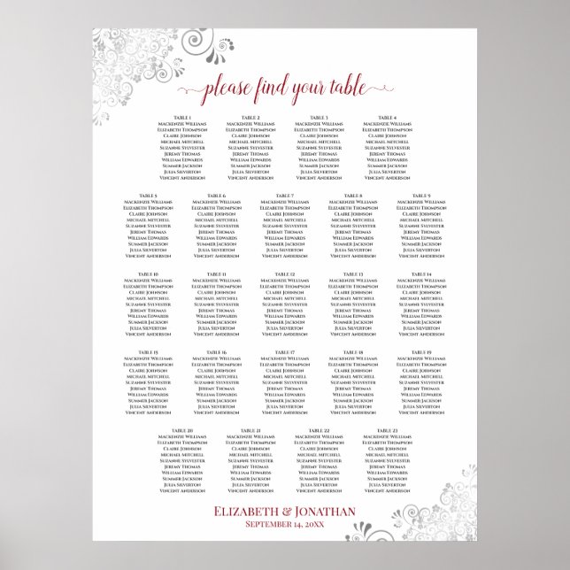 23 Table Lacy Silver Wedding Seating Chart Red (Front)