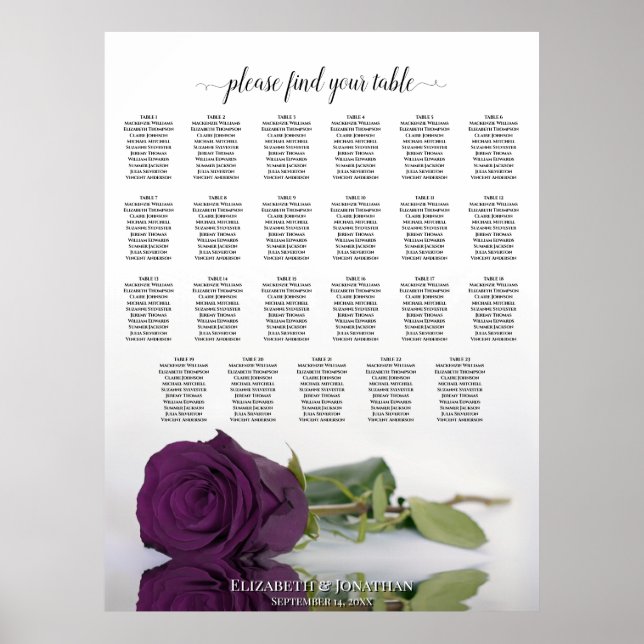 23 Table Plum Purple Rose Wedding Seating Chart (Front)