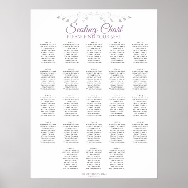 23 Table Purple & Grey Wedding Seating Chart (Front)