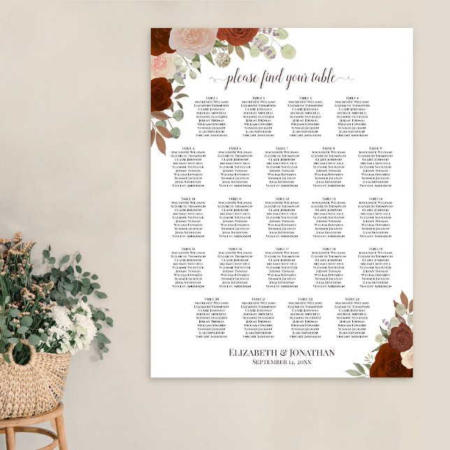 23 Table Rustic Autumn Roses Wedding Seating Chart (In Situ on Wall)