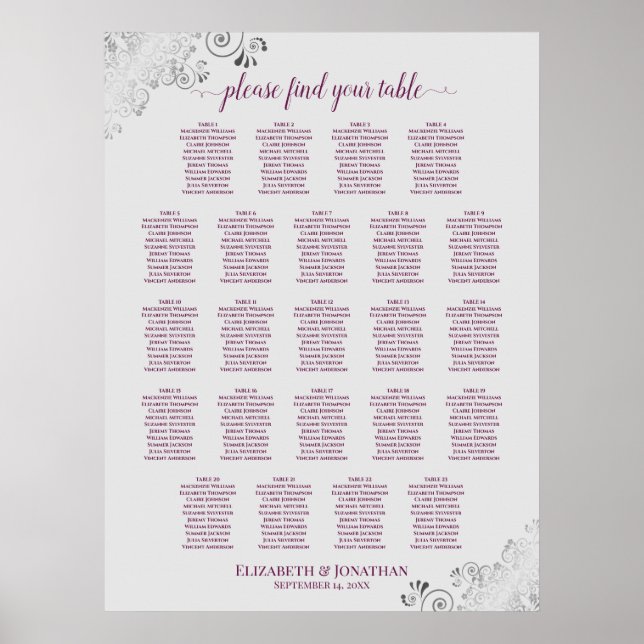 23 Table Wedding Seating Chart Cassis on Grey (Front)