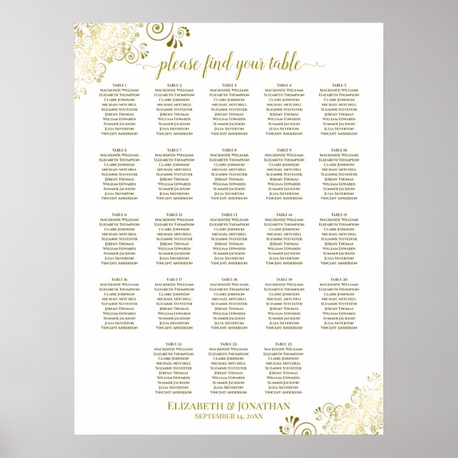 23 Table White & Gold Frills Wedding Seating Chart (Front)