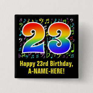 23rd Birthday: Colorful Music Symbols, Rainbow 23 2 Inch Square Button