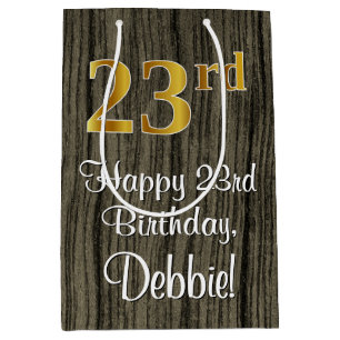 23rd Birthday: Elegant Faux Gold Look #, Faux Wood Medium Gift Bag