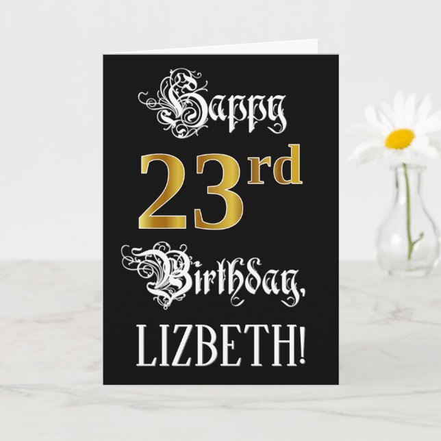 23rd Birthday — Fancy Script; Faux Gold Look; Name Card (Small Plant)