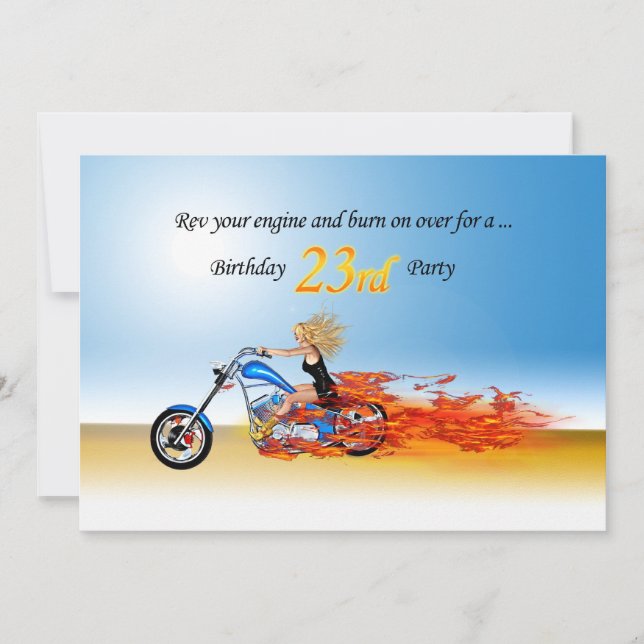 23rd birthday Flaming motorcycle party invitation (Front)
