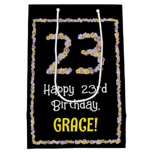 23rd Birthday: Floral Flowers Number, Custom Name Medium Gift Bag