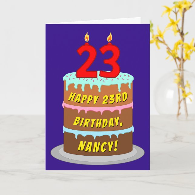 23rd Birthday: Fun Cake and Candles + Custom Name Card (Yellow Flower)