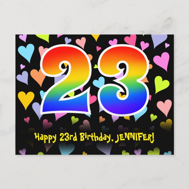 23rd Birthday: Fun Hearts Pattern, Rainbow 23 Postcard (Front)