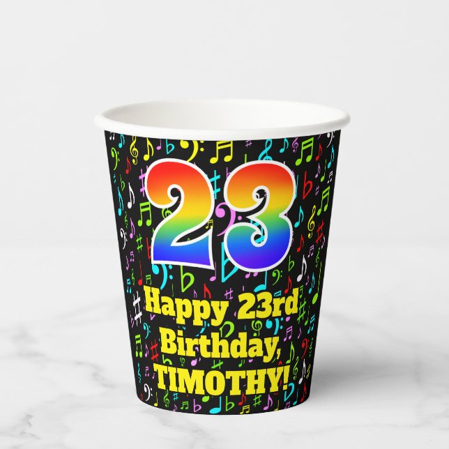 23rd Birthday: Fun Music Notes Pattern, Rainbow 23 Paper Cups (Front)