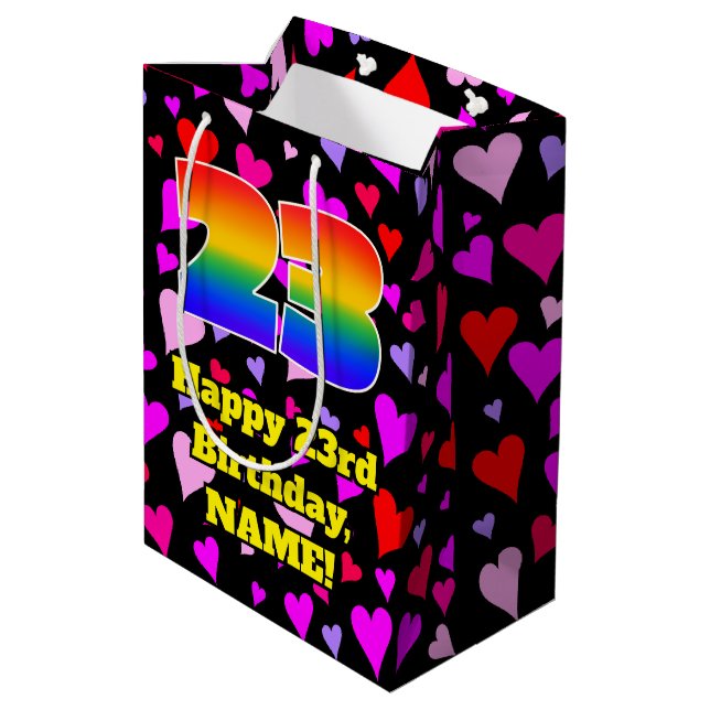23rd Birthday: Loving Hearts Pattern, Rainbow # 23 Medium Gift Bag (Back Angled)