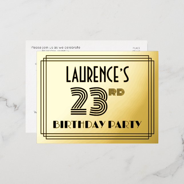 23rd Birthday Party ~ Art Deco Style “23” + Name Foil Invitation Postcard (Front/Back)