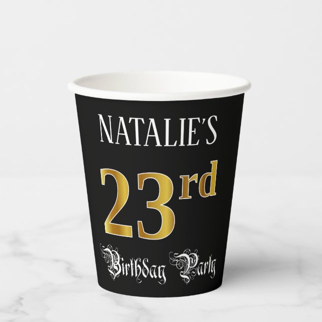 23rd Birthday Party — Fancy Script, Faux Gold Look Paper Cups (Front)