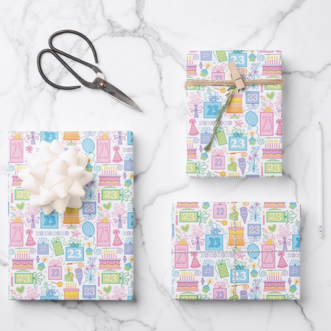 23rd Birthday Pastel Pink Cake Presents Balloons Wrapping Paper Sheet (Front)