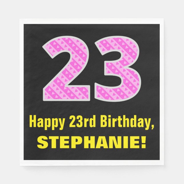 23rd Birthday: Pink Stripes and Hearts "23" + Name Napkin (Front)