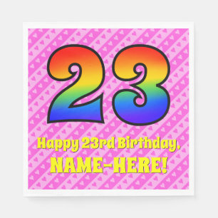 23rd Birthday: Pink Stripes & Hearts, Rainbow # 23 Napkin